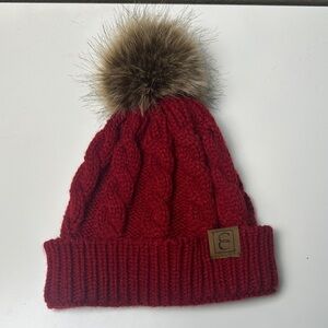 Red Cable Knit Pom-Pom Beanie for women